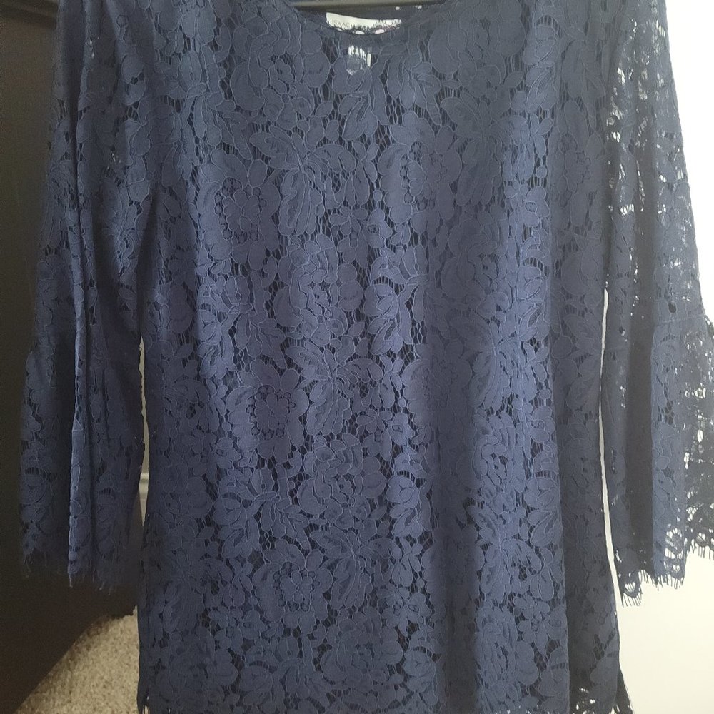 Navy Blue Lace Balloon Sleeve Top